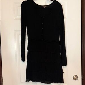 John Fashion Ruffle Tiered Sweater Dress M Black Wool Blend LS Feminine Flirty